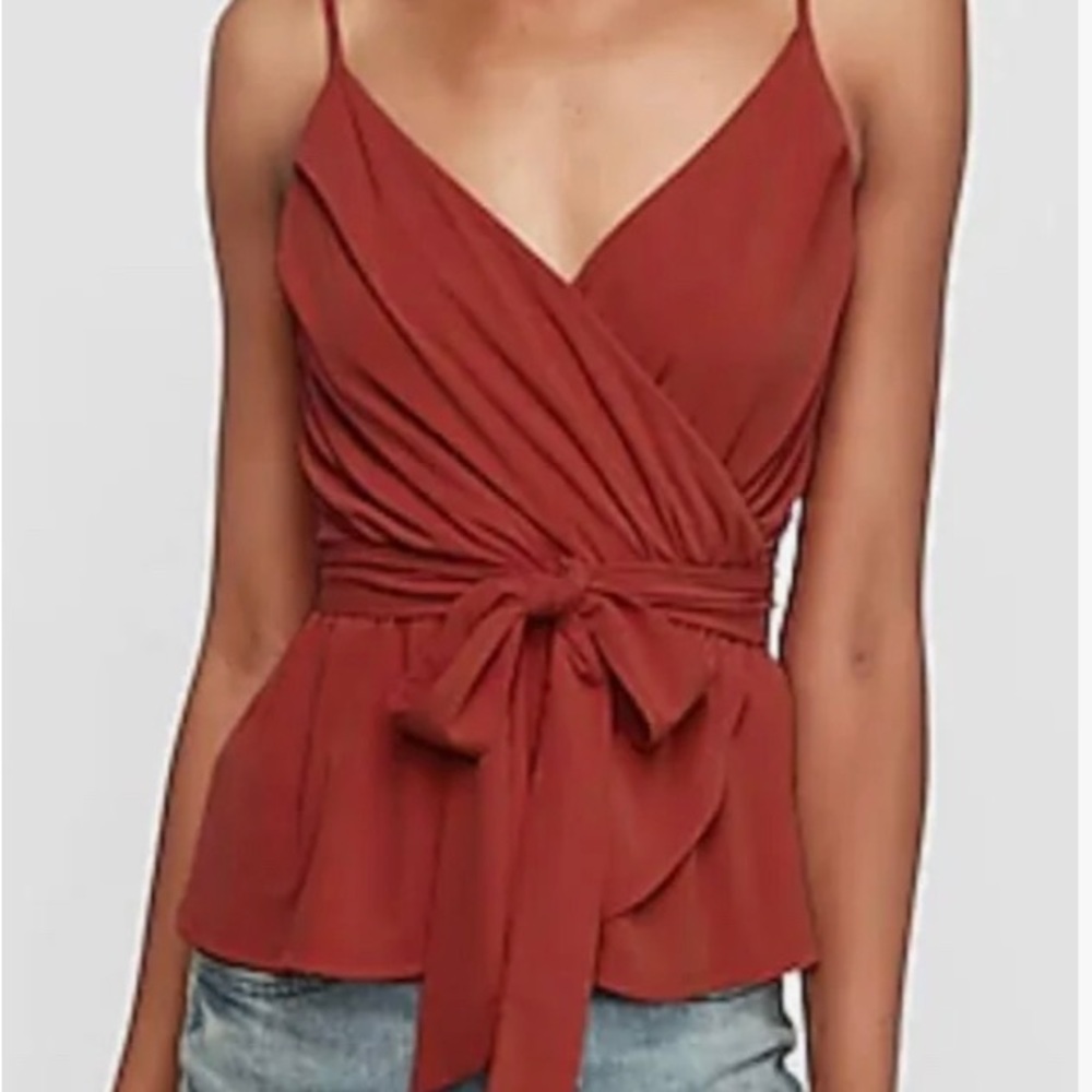 Express Top Womens XXS Rust Colored Pleated Cami Wrap Front Peplum With Tie NWOT